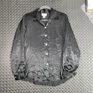 Vintage Mardi Modes Black Silky Shinny Button Up Shirt Made In USA Women's Sz M‎